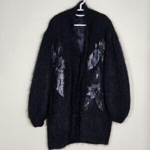 Handmade Cardigan Womens L Black Wool Blend Embellished Lined LS Whimsigoth Art